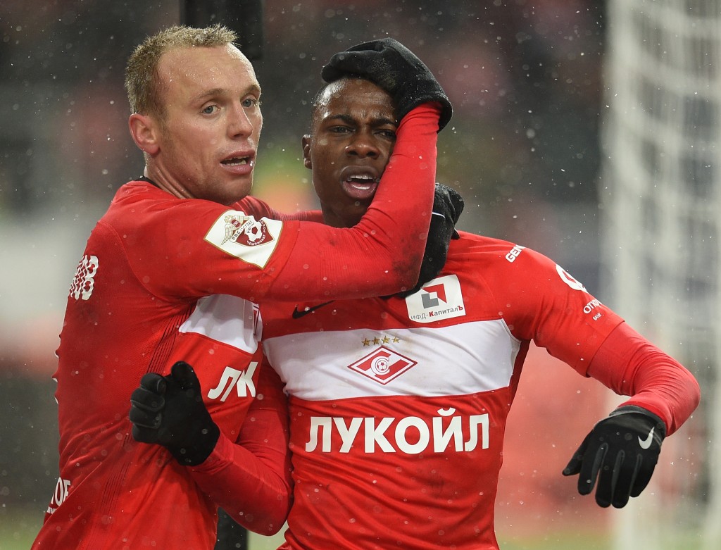 MOSCOW, RUSSIA - DECEMBER 05: Quincy Promes and Denis Glushakov of FC Spartak Moscow celebrates after scoring a goal during the Russian Premier League match between FC Spartak Moscow v FC Rubin Kazan at Otkrytie Arena Stadium on December 05, 2016 in Moscow, Russia. (Photo by Epsilon/Getty Images)
