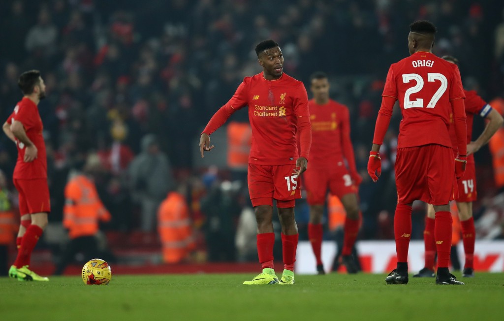 LIVERPOOL, ENGLAND - JANUARY 25: Daniel Sturridge of Liverpool speaks with Divock Origi of Liverpool after conceding a goal during the EFL Cup Semi-Final Second Leg match between Liverpool and Southampton at Anfield on January 25, 2017 in Liverpool, England. (Photo by Julian Finney/Getty Images)