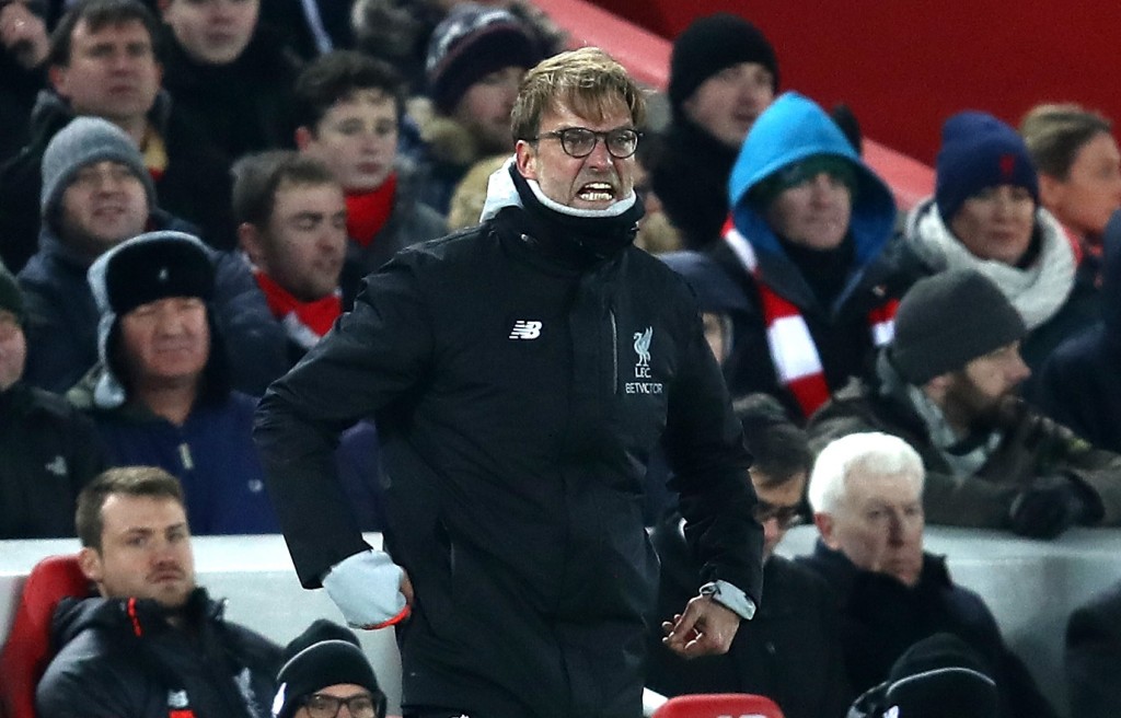 LIVERPOOL, ENGLAND - JANUARY 25: Jurgen Klopp, Manager of Liverpool reacts during the EFL Cup Semi-Final Second Leg match between Liverpool and Southampton at Anfield on January 25, 2017 in Liverpool, England. (Photo by Julian Finney/Getty Images)