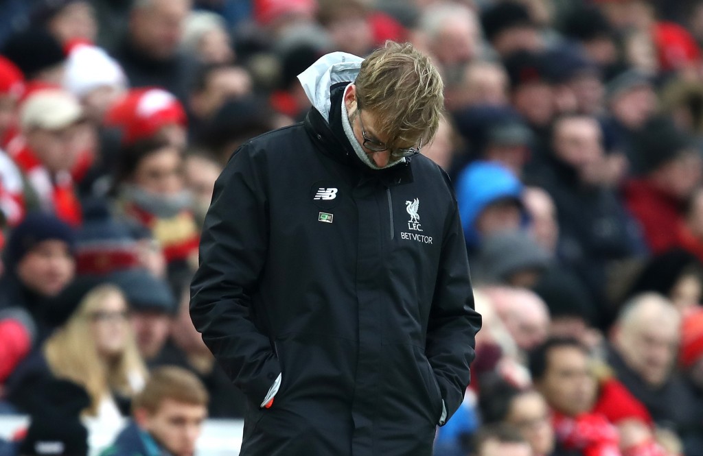 LIVERPOOL, ENGLAND - JANUARY 21: Jurgen Klopp, Manager of Liverpool looks dejected during the Premier League match between Liverpool and Swansea City at Anfield on January 21, 2017 in Liverpool, England. (Photo by Julian Finney/Getty Images)