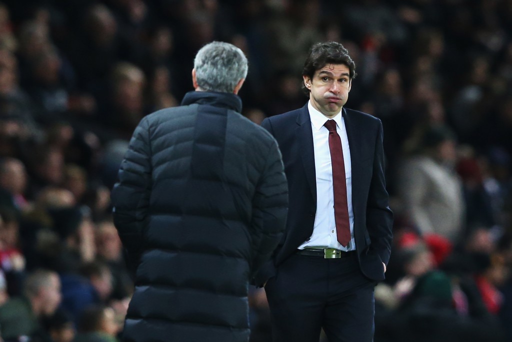 MANCHESTER, ENGLAND - DECEMBER 31: Manchester United Manager, Jose Mourinho (L) and Middlesbrough Manager, Aitor Karanka react on the sidelines during the Premier League match between Manchester United and Middlesbrough at Old Trafford on December 31, 2016 in Manchester, England. (Photo by Alex Livesey/Getty Images)