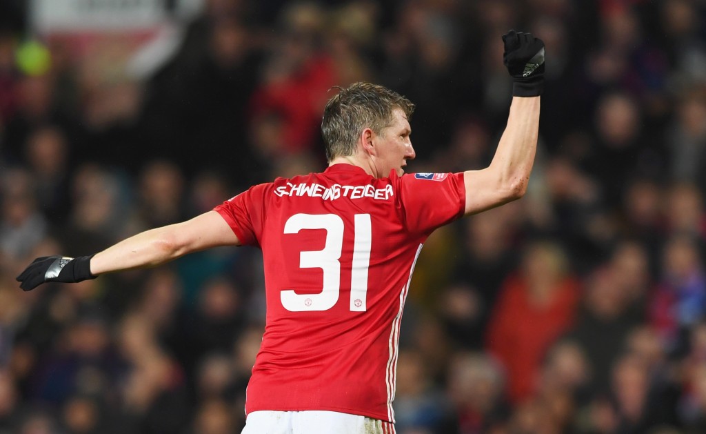 MANCHESTER, ENGLAND - JANUARY 29: Bastian Schweinsteiger of Manchester United celebrates as he scores their fourth goal during the Emirates FA Cup Fourth round match between Manchester United and Wigan Athletic at Old Trafford on January 29, 2017 in Manchester, England. (Photo by Gareth Copley/Getty Images)