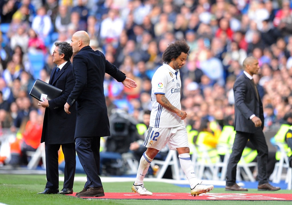 MADRID, SPAIN - JANUARY 21: Marcelo of Real Madrid CF comes off substituted during the La Liga match between Real Madrid CF and Malaga CF at the Bernabeu on January 21, 2017 in Madrid, Spain. (Photo by Denis Doyle/Getty Images)