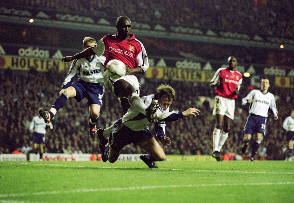 17 Nov 2001: Sol Campbell of Arsenal gets a challenge in on Spurs'' Teddy Sheringham during the FA Barclaycard Premiership match between Tottenham Hotspur and Arsenal played at White Hart Lane in London. The match ended in a 1 - 1 draw. \ Mandatory Credit: Ben Radford /Allsport