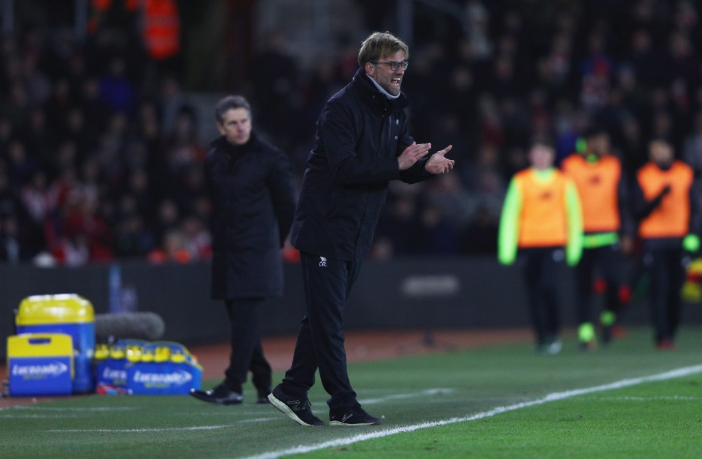 SOUTHAMPTON, ENGLAND - JANUARY 11: Jurgen Klopp manager of Liverpool shouts on the touchline during the EFL Cup semi-final first leg match between Southampton and Liverpool at St Mary's Stadium on January 11, 2017 in Southampton, England. (Photo by Ian Walton/Getty Images)