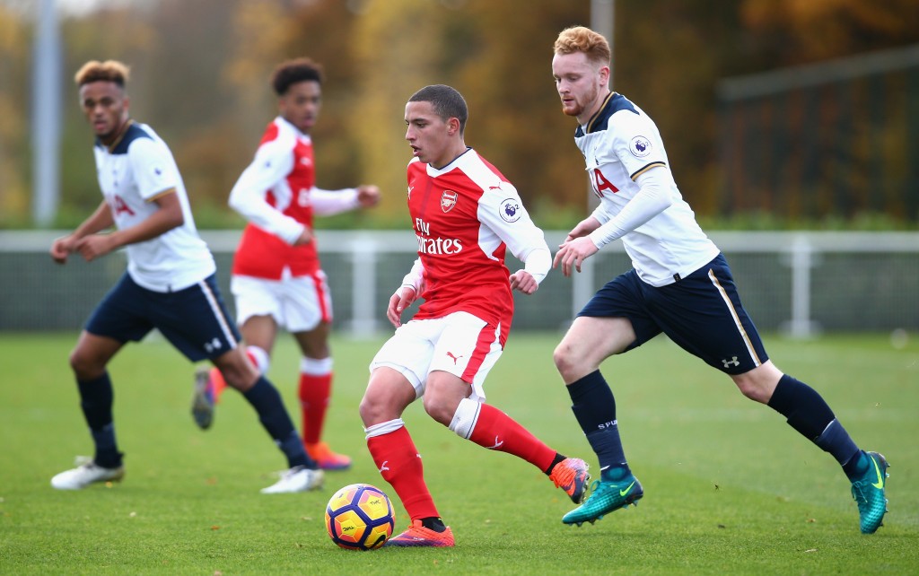 ENFIELD, ENGLAND - NOVEMBER 18: Connor Ogilvie of Tottenham Hotspur closes down Ismael Bennacer of Arsenal during the Premier League 2 match between Tottenham Hotspur and Arsenal at at Tottenham Hotspur Training Centre on November 18, 2016 in Enfield, England. (Photo by Alex Pantling/Getty Images)