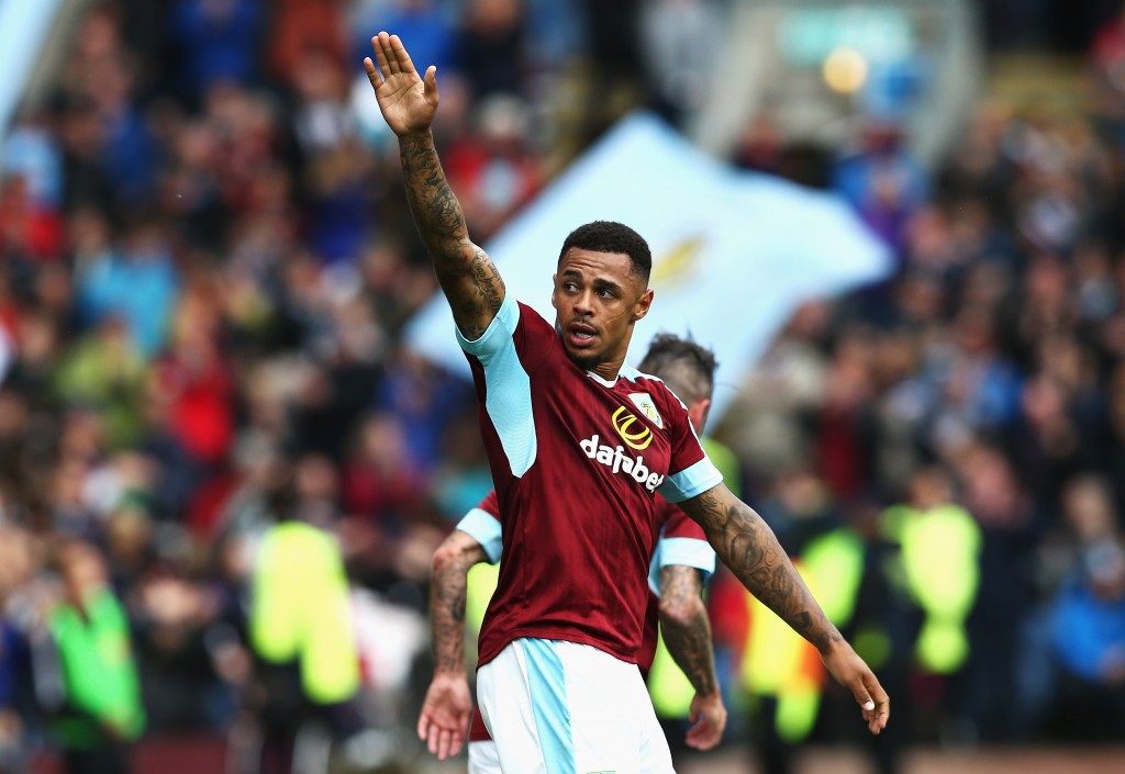 BURNLEY, ENGLAND - AUGUST 20: Andre Gray of Burnley celebrates scoring his sides second goal during the Premier League match between Burnley and Liverpool at Turf Moor on August 20, 2016 in Burnley, England. (Photo by Jan Kruger/Getty Images)
