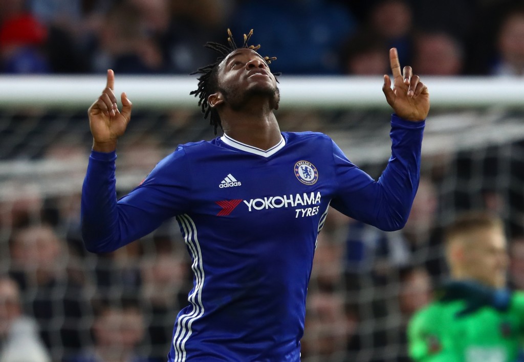 LONDON, ENGLAND - JANUARY 28: Michy Batshuayi of Chelsea celebrates after scoring his sides fourth goal during the Emirates FA Cup Fourth Round match between Chelsea and Brentford at Stamford Bridge on January 28, 2017 in London, England. (Photo by Clive Mason/Getty Images)