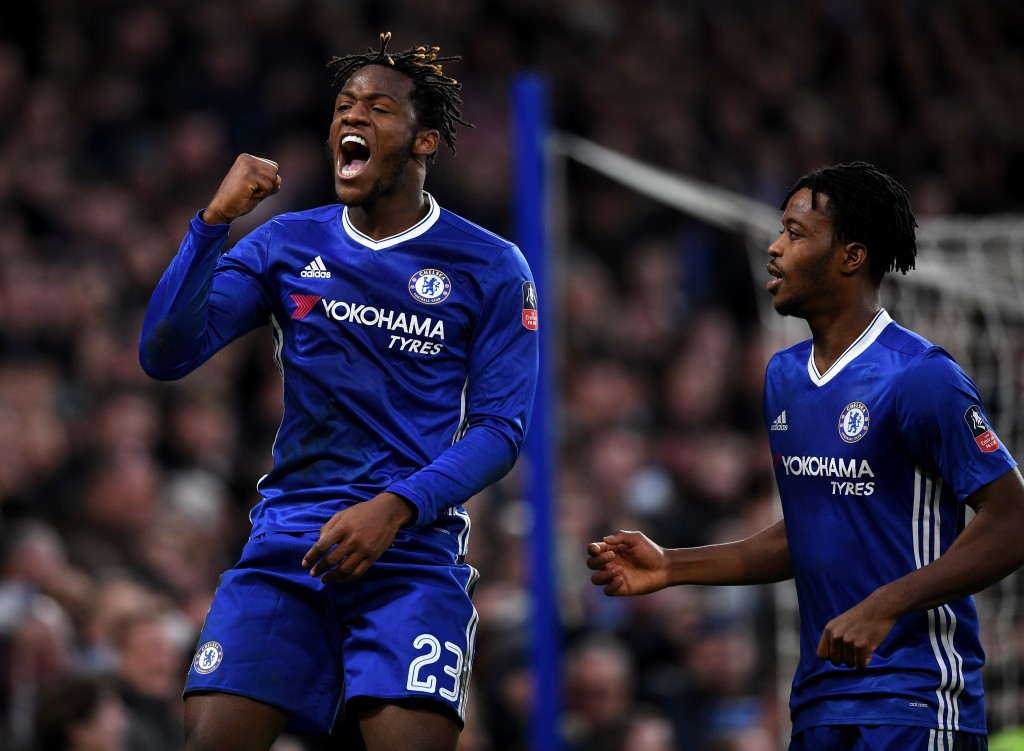 LONDON, ENGLAND - JANUARY 28: Michy Batshuayi of Chelsea celebrates after scoring his sides fourth goal during the Emirates FA Cup Fourth Round match between Chelsea and Brentford at Stamford Bridge on January 28, 2017 in London, England. (Photo by Shaun Botterill/Getty Images)