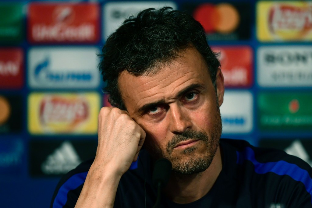 FC Barcelona coach Luis Enrique looks over during the press conference on the eve of the Champions League last 16 first leg against (PSG) Paris Saint-Germain, at the stade de France on February 13, 2017. / AFP / CHRISTOPHE SIMON (Photo credit should read CHRISTOPHE SIMON/AFP/Getty Images)
