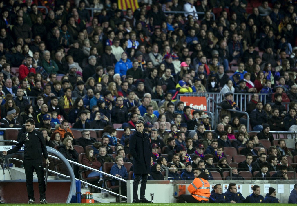 Barcelona's coach Luis Enrique stands on the sideline during the Spanish league football match FC Barcelona vs CD Leganes at the Camp Nou stadium in Barcelona on February 19, 2017. / AFP / Josep Lago (Photo credit should read JOSEP LAGO/AFP/Getty Images)