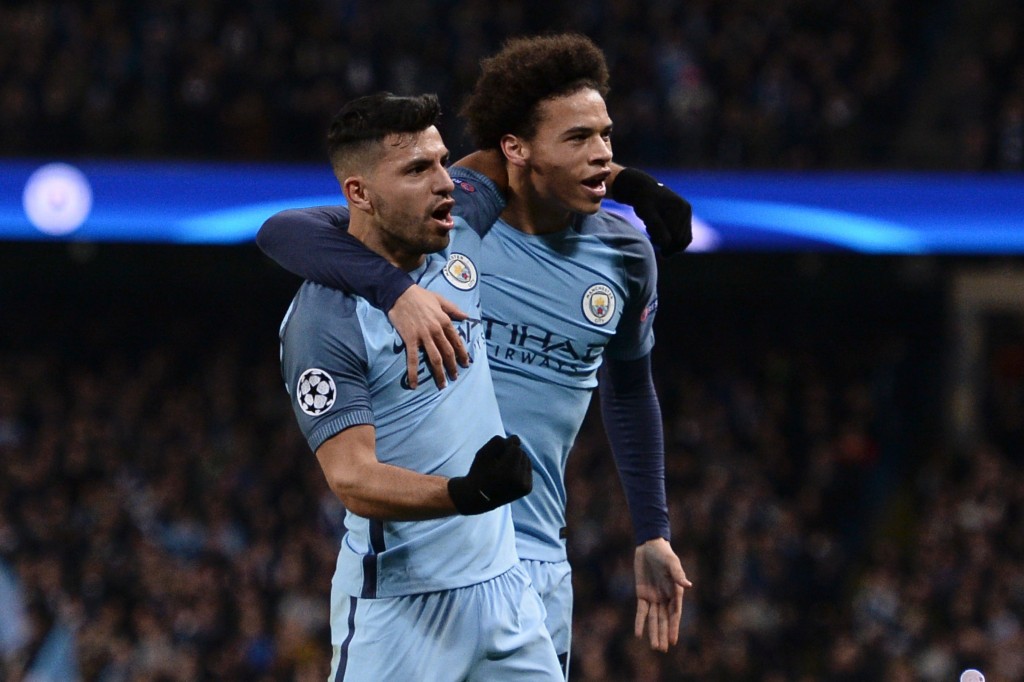 Manchester City's Argentinian striker Sergio Aguero (L) celebrates scoring their second goal with Manchester City's German midfielder Leroy Sane (R) during the UEFA Champions League Round of 16 first-leg football match between Manchester City and Monaco at the Etihad Stadium in Manchester, north west England on February 21, 2017. / AFP / Oli SCARFF (Photo credit should read OLI SCARFF/AFP/Getty Images)