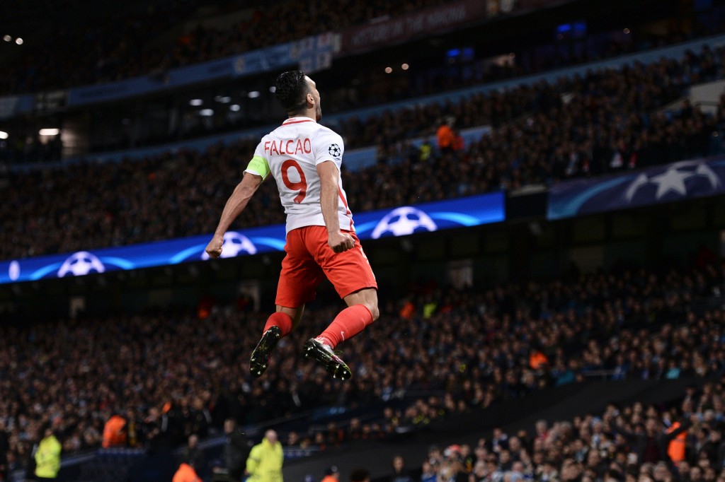 TOPSHOT - Monaco's Colombian forward Radamel Falcao celebrates scoring an equalising goal for 1-1 during the UEFA Champions League Round of 16 first-leg football match between Manchester City and Monaco at the Etihad Stadium in Manchester, north west England on February 21, 2017. / AFP / Oli SCARFF (Photo credit should read OLI SCARFF/AFP/Getty Images)