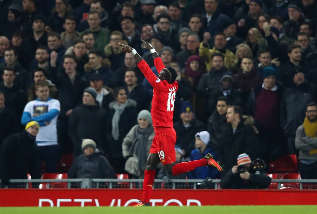 LIVERPOOL, ENGLAND - FEBRUARY 11: Sadio Mane of Liverpool celebrates scoring the opening goal during the Premier League match between Liverpool and Tottenham Hotspur at Anfield on February 11, 2017 in Liverpool, England. (Photo by Clive Brunskill/Getty Images)
