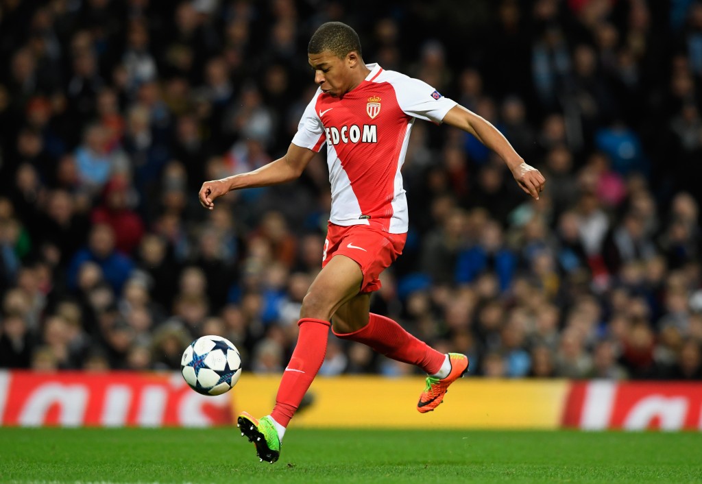 MANCHESTER, ENGLAND - FEBRUARY 21: AS Monaco striker Kylian Mbappe in action during the UEFA Champions League Round of 16 first leg match between Manchester City FC and AS Monaco at Etihad Stadium on February 21, 2017 in Manchester, United Kingdom. (Photo by Stu Forster/Getty Images)