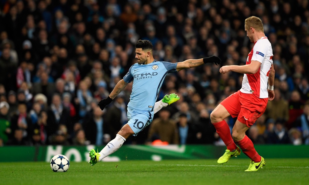 MANCHESTER, ENGLAND - FEBRUARY 21: Manchester City striker Sergio Aguero scores the second City goal during the UEFA Champions League Round of 16 first leg match between Manchester City FC and AS Monaco at Etihad Stadium on February 21, 2017 in Manchester, United Kingdom. (Photo by Stu Forster/Getty Images)