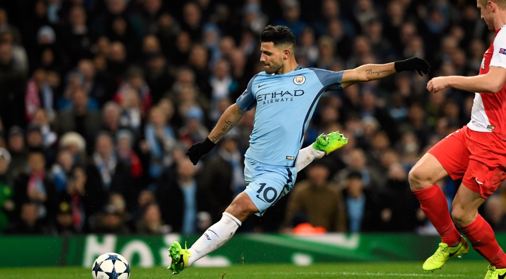 MANCHESTER, ENGLAND - FEBRUARY 21: Manchester City striker Sergio Aguero scores the second City goal during the UEFA Champions League Round of 16 first leg match between Manchester City FC and AS Monaco at Etihad Stadium on February 21, 2017 in Manchester, United Kingdom. (Photo by Stu Forster/Getty Images)