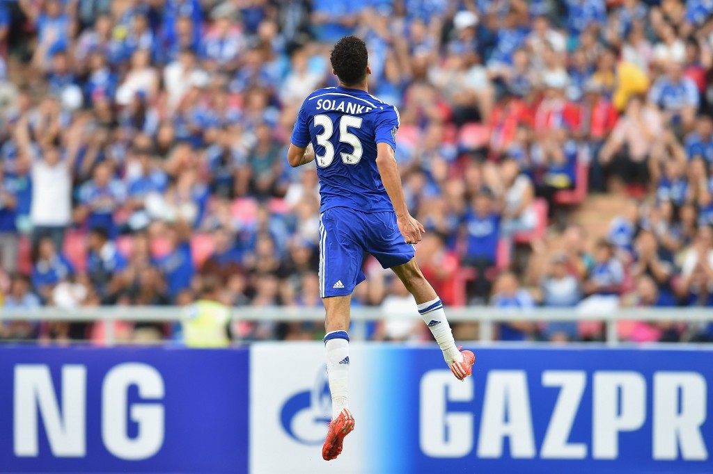 BANGKOK, THAILAND - MAY 30: Dominic Solanke #35 of Chelsea FC celebrates during the international friendly match between Thailand All-Stars and Chelsea FC at Rajamangala Stadium on May 30, 2015 in Bangkok, Thailand. (Photo by Thananuwat Srirasant/Getty Images)
