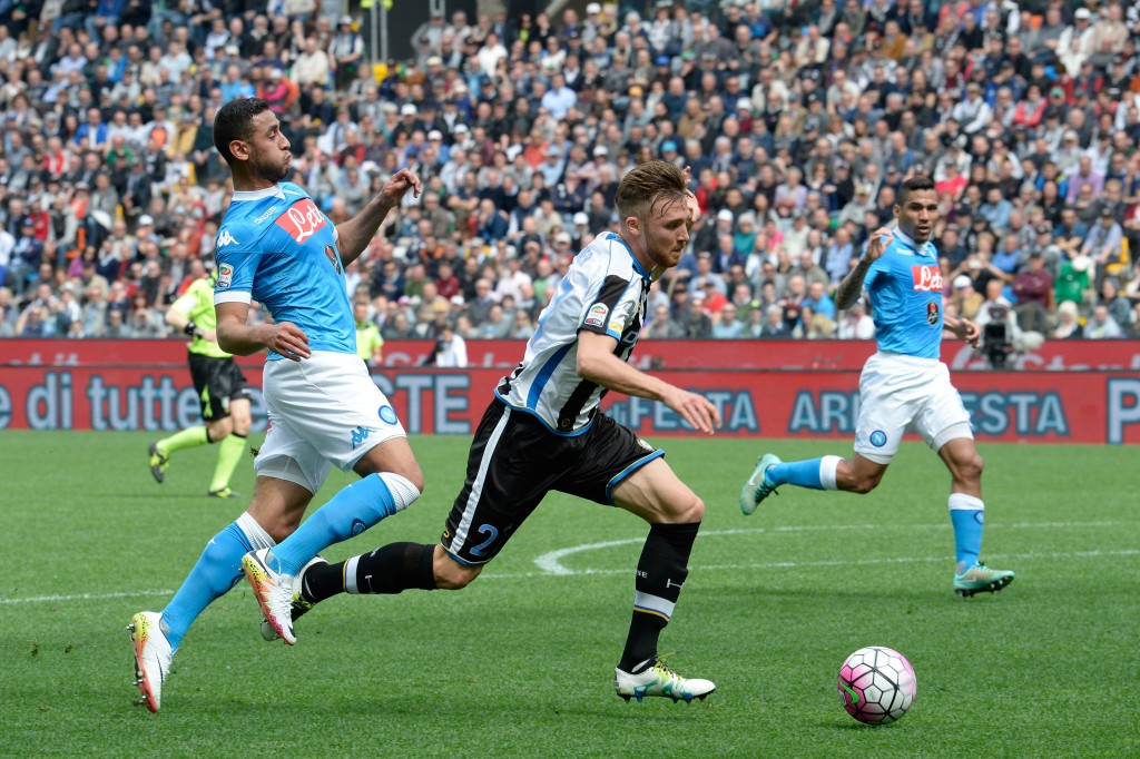 UDINE, ITALY - APRIL 03: Faouzi Ghoulam (L) of SSC Napoli fouling Silvan Widmer of Udinese Calcio to penalty during the Serie A match between Udinese Calcio and SSC Napoli at Stadio San Paolo on April 3, 2016 in Naples, Italy. (Photo by Dino Panato/Getty Images)