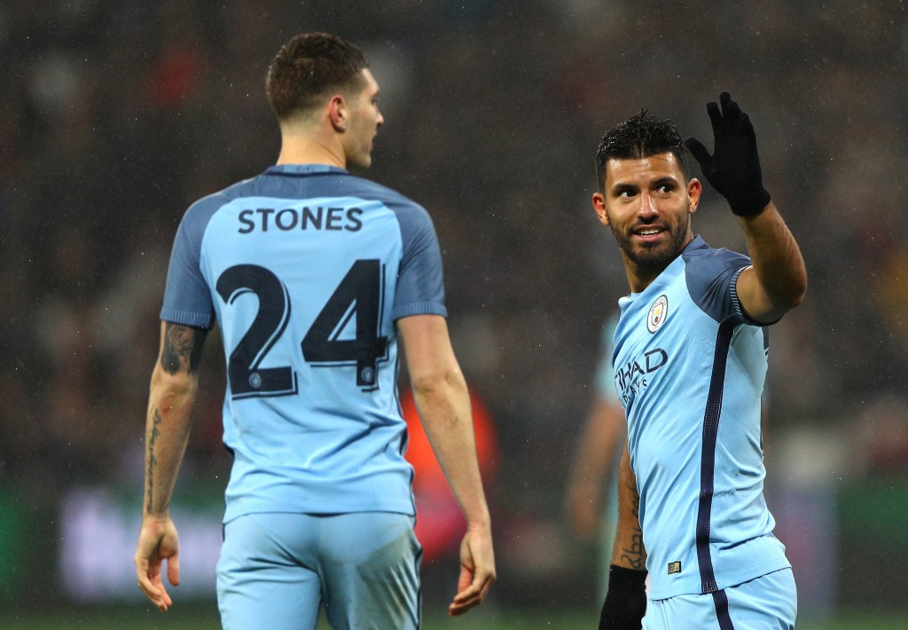 LONDON, ENGLAND - JANUARY 06: Sergio Aguero of Manchester City celebrates after scoring his sides fourth goal during The Emirates FA Cup Third Round match between West Ham United and Manchester City at London Stadium on January 6, 2017 in London, England. (Photo by Ian Walton/Getty Images)