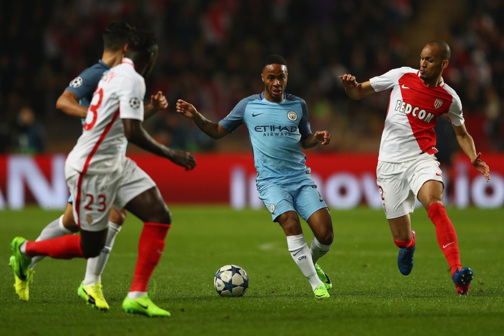 MONACO - MARCH 15: Raheem Sterling of Manchester City is tracked by Fabinho of Monaco during the UEFA Champions League Round of 16 second leg match between AS Monaco and Manchester City FC at Stade Louis II on March 15, 2017 in Monaco, Monaco. (Photo by Michael Steele/Getty Images)