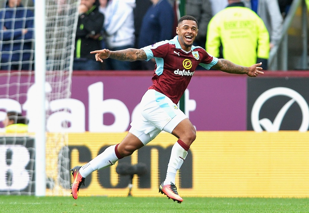 BURNLEY, ENGLAND - AUGUST 20: Andre Gray of Burnley celebrates scoring his sides second goal during the Premier League match between Burnley and Liverpool at Turf Moor on August 20, 2016 in Burnley, England. (Photo by Mark Runnacles/Getty Images)