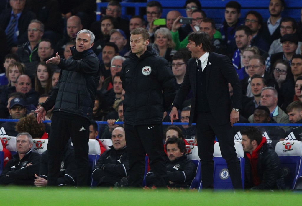 LONDON, ENGLAND - MARCH 13: Fourth official Mike Jones intervenes as Jose Mourinho manager of Manchester United and Antonio Conte manager of Chelsea clash during The Emirates FA Cup Quarter-Final match between Chelsea and Manchester United at Stamford Bridge on March 13, 2017 in London, England. (Photo by Ian Walton/Getty Images)