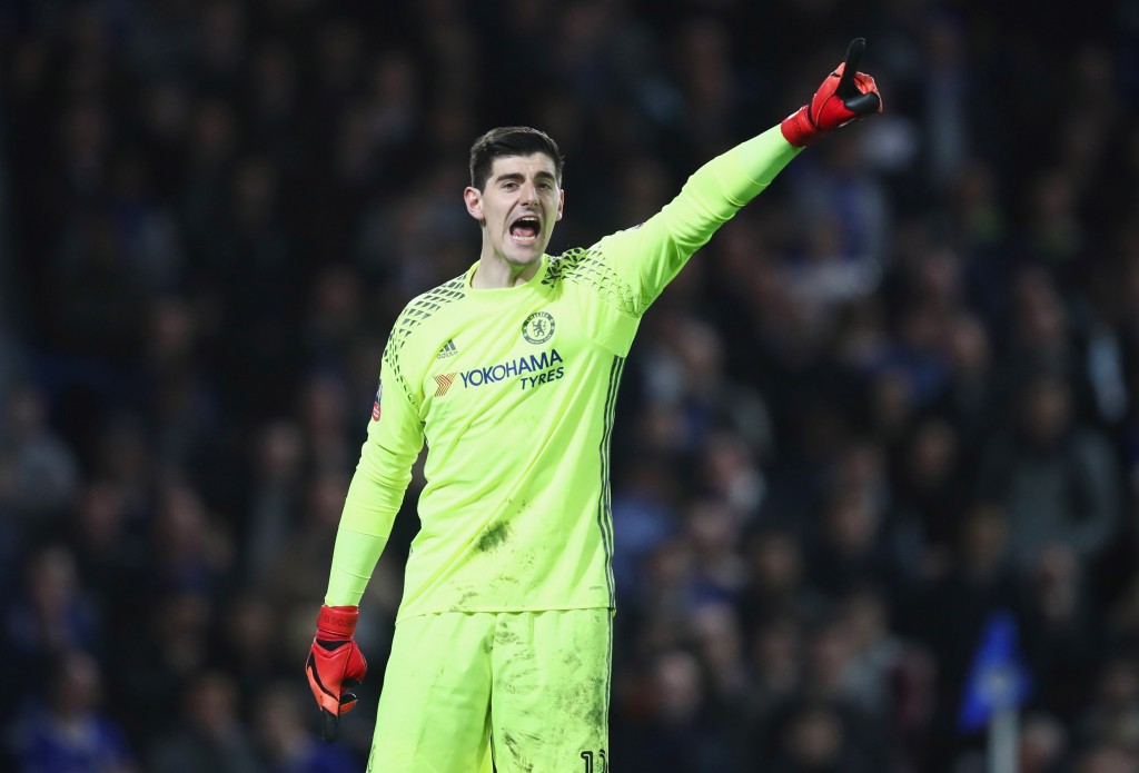 LONDON, ENGLAND - MARCH 13: Thibaut Courtois of Chelsea signals during The Emirates FA Cup Quarter-Final match between Chelsea and Manchester United at Stamford Bridge on March 13, 2017 in London, England. (Photo by Julian Finney/Getty Images)