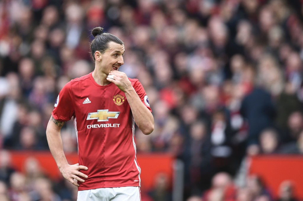 Manchester United's Swedish striker Zlatan Ibrahimovic gestures during the English Premier League football match between Manchester United and Bournemouth at Old Trafford in Manchester, north west England, on March 4, 2017. / AFP PHOTO / Oli SCARFF / RESTRICTED TO EDITORIAL USE. No use with unauthorized audio, video, data, fixture lists, club/league logos or 'live' services. Online in-match use limited to 75 images, no video emulation. No use in betting, games or single club/league/player publications. / (Photo credit should read OLI SCARFF/AFP/Getty Images)