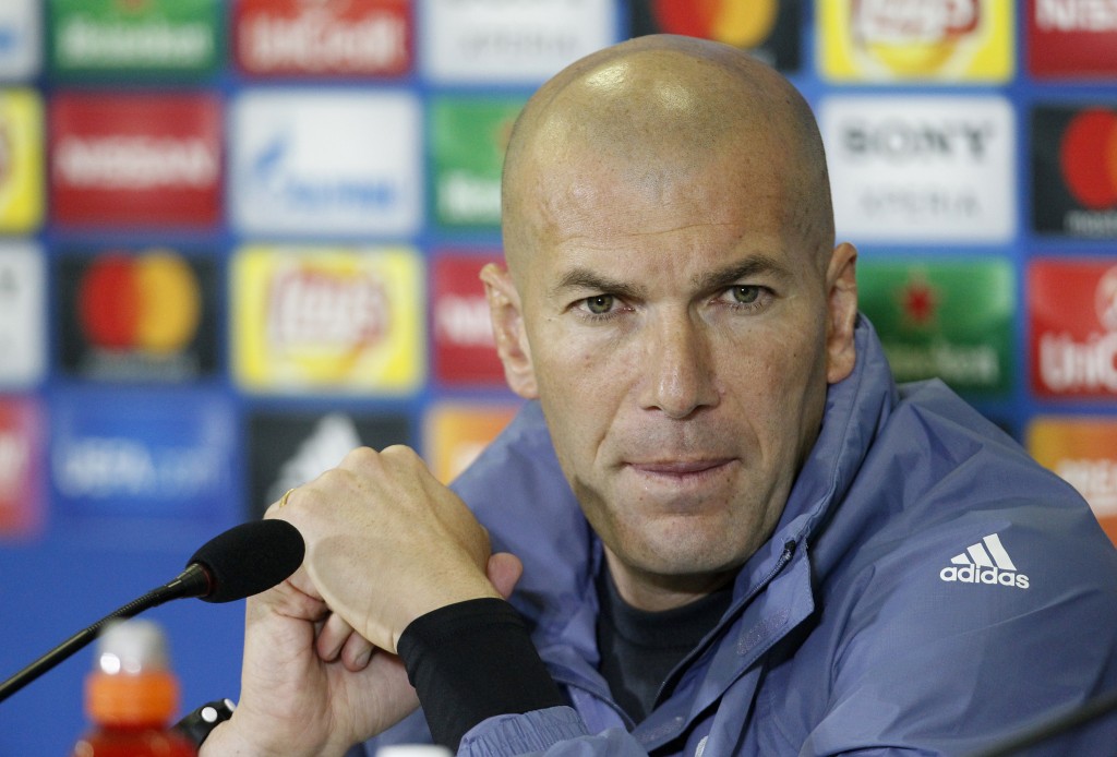 Real Madrid's coach Zinedine Zidane attends a press conference on the eve of the Champions League football match Napoli vs Real Madrid on March 6, 2017 at the San Paolo stadium in Naples. / AFP PHOTO / Carlo Hermann (Photo credit should read CARLO HERMANN/AFP/Getty Images)