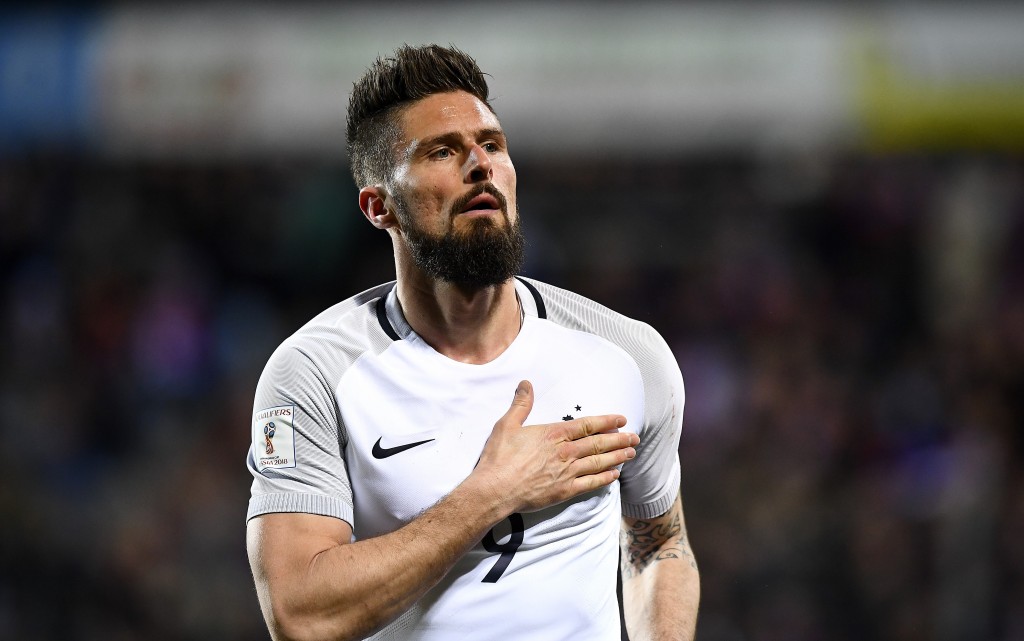 France's forward Olivier Giroud celebrates his goal during the FIFA World Cup 2018 qualifying football match Luxembourg vs France on March 25, 2017 at Josy Bartel stadium in Luxembourg. / AFP PHOTO / FRANCK FIFE (Photo credit should read FRANCK FIFE/AFP/Getty Images)