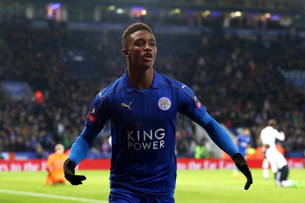 LEICESTER, ENGLAND - FEBRUARY 08: Demarai Gray of Leicester City celebrates after scoring his team's third goal during the Emirates FA Cup Fourth Round replay match between Leicester City and Derby City at The King Power Stadium on February 8, 2017 in Leicester, England. (Photo by Matthew Lewis/Getty Images)