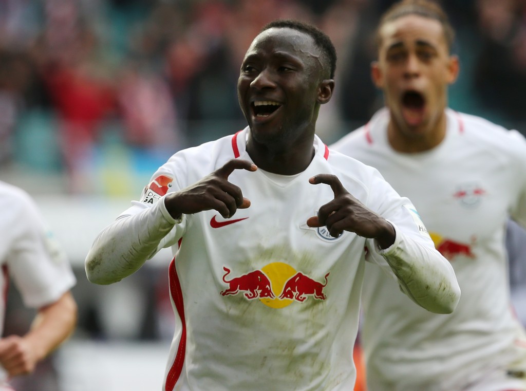 LEIPZIG, GERMANY - OCTOBER 23: Naby Deco Keita of Leipzig jubilates after scoring the first goal during the Bundesliga match between RB Leipzig and SV Werder Bremen at Red Bull Arena on October 23, 2016 in Leipzig, Germany. (Photo by Matthias Kern/Bongarts/Getty Images)