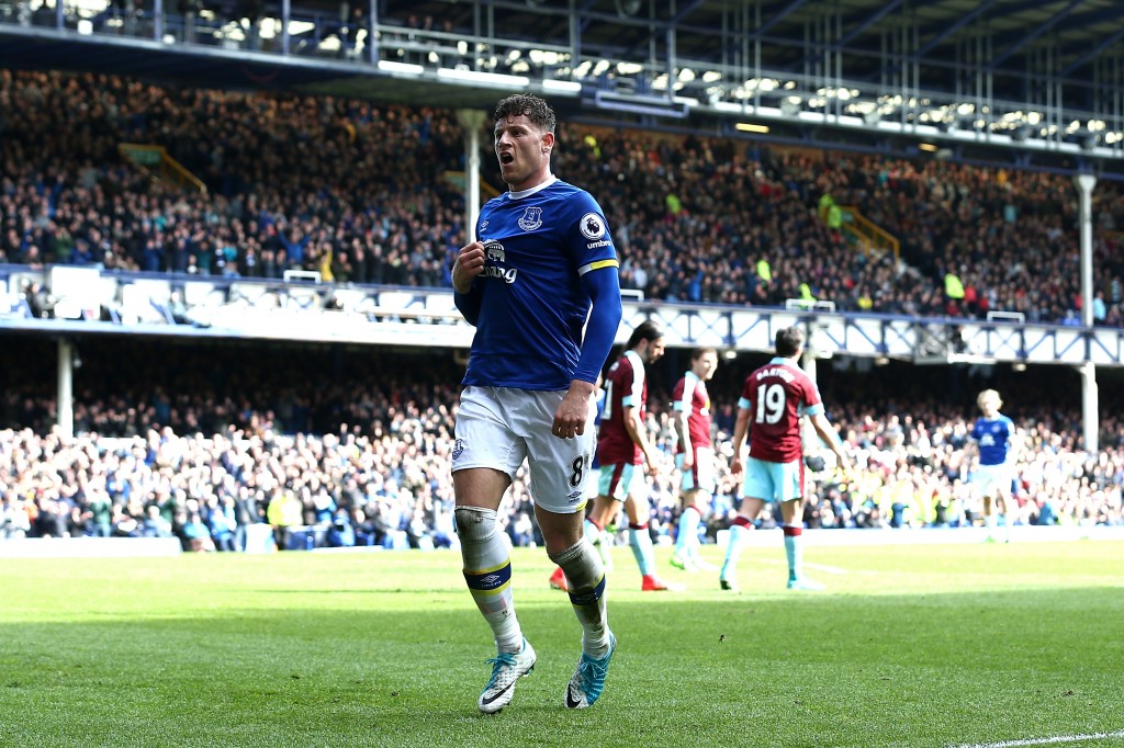LIVERPOOL, ENGLAND - APRIL 15: Ross Barkley of Everton celebrates as Ben Mee of Burnley (not pictured) scored a own goal for Everton's second during the Premier League match between Everton and Burnley at Goodison Park on April 15, 2017 in Liverpool, England. (Photo by Jan Kruger/Getty Images)