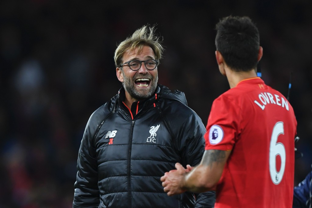 Liverpool's German manager Jurgen Klopp (L) talks with Liverpool's Croatian defender Dejan Lovren (R) after the English Premier League football match between Liverpool and West Bromwich Albion at Anfield in Liverpool, north west England on October 22, 2016. / AFP / PAUL ELLIS / RESTRICTED TO EDITORIAL USE. No use with unauthorized audio, video, data, fixture lists, club/league logos or 'live' services. Online in-match use limited to 75 images, no video emulation. No use in betting, games or single club/league/player publications. / (Photo credit should read PAUL ELLIS/AFP/Getty Images)