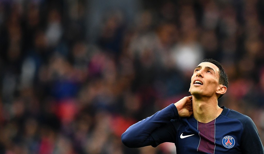 Paris Saint-Germain's Argentinian forward Angel Di Maria reacts during the French L1 football match between Paris Saint-Germain and Montpellier at the Parc des Princes stadium in Paris on April 22, 2017. / AFP PHOTO / FRANCK FIFE (Photo credit should read FRANCK FIFE/AFP/Getty Images)