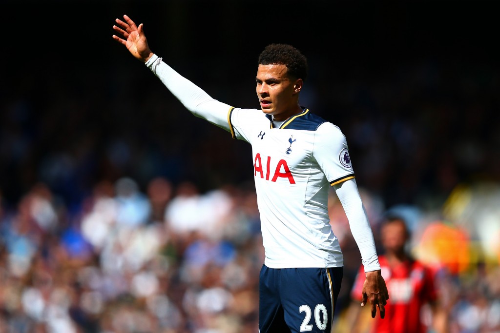 LONDON, ENGLAND - APRIL 15: Dele Alli of Tottenham Hotspur signals to his team-mates during the Premier League match between Tottenham Hotspur and AFC Bournemouth at White Hart Lane on April 15, 2017 in London, England. (Photo by Dan Istitene/Getty Images)