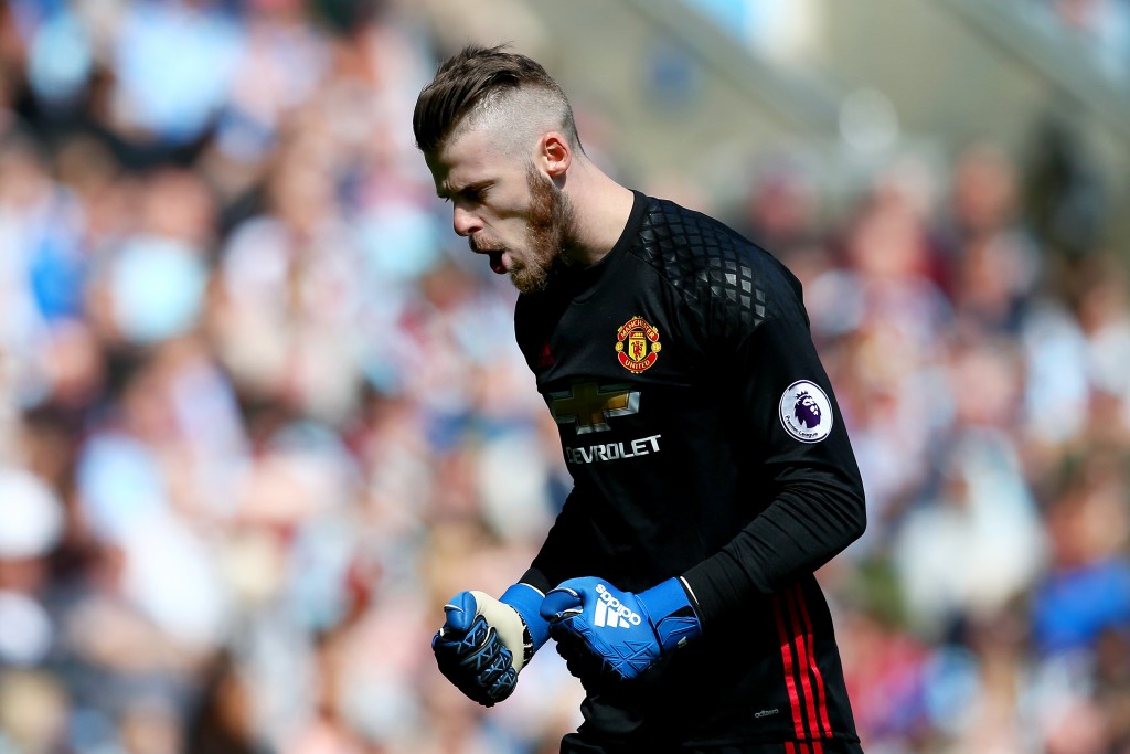 BURNLEY, ENGLAND - APRIL 23: David De Gea of Manchester United celebrates after team-mate Anthony Martial scored the opening goal during the Premier League match between Burnley and Manchester United at Turf Moor on April 23, 2017 in Burnley, England. (Photo by Jan Kruger/Getty Images)
