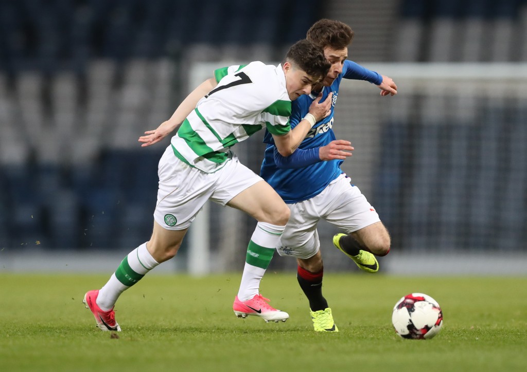GLASGOW, SCOTLAND - APRIL 26: Michael Johnston of Celtic vies with Josh Jeffries of Rangers during The Scottish FA Youth Cup Final between Celtic and Rangers at Hampden Park on April 26, 2017 in Glasgow, Scotland. (Photo by Ian MacNicol/Getty Images)