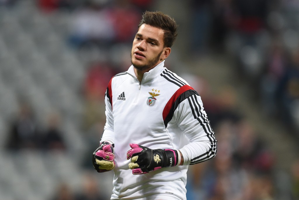 Benfica's Brazilian goalkeeper Ederson warms up prior the Champions League quarterfinal, first-leg football match between Bayern Munich and SL Benfica in the stadium in Munich, southern Germany, on April 5, 2016. / AFP / CHRISTOF STACHE (Photo credit should read CHRISTOF STACHE/AFP/Getty Images)