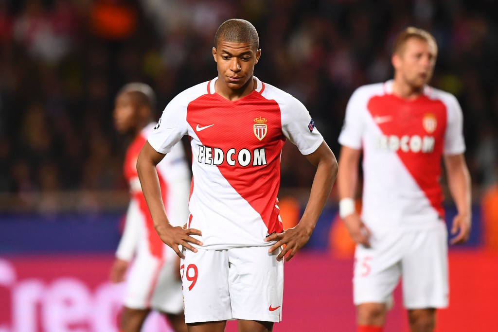 Monaco's French forward Kylian Mbappe reacts during the UEFA Champions League semi-final first leg football match Monaco vs Juventus at the Stade Louis II stadium in Monaco on May 3, 2017. / AFP PHOTO / FRANCK FIFE (Photo credit should read FRANCK FIFE/AFP/Getty Images)