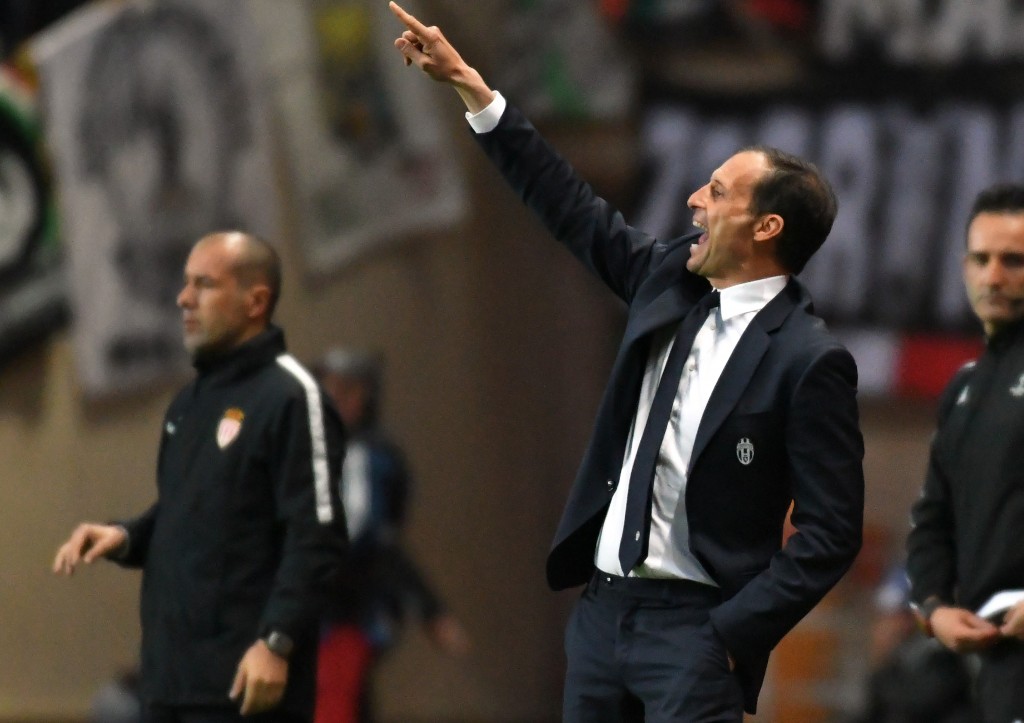 Juventus' coach from Italy Massimiliano Allegri (C) gestures during the UEFA Champions League semi-final first leg football match between Monaco and Juventus at the Stade Louis II stadium in Monaco on May 3, 2017. / AFP PHOTO / PASCAL GUYOT (Photo credit should read PASCAL GUYOT/AFP/Getty Images)