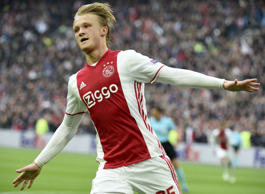 Ajax forward Kasper Dolberg celebrates after scoring a goal during UEFA Europa League semi-final, first leg, Ajax Amsterdam v Olympique Lyonnais (OL) on May 3, 2017 in Amsterdam. / AFP PHOTO / JEAN-PHILIPPE KSIAZEK (Photo credit should read JEAN-PHILIPPE KSIAZEK/AFP/Getty Images)