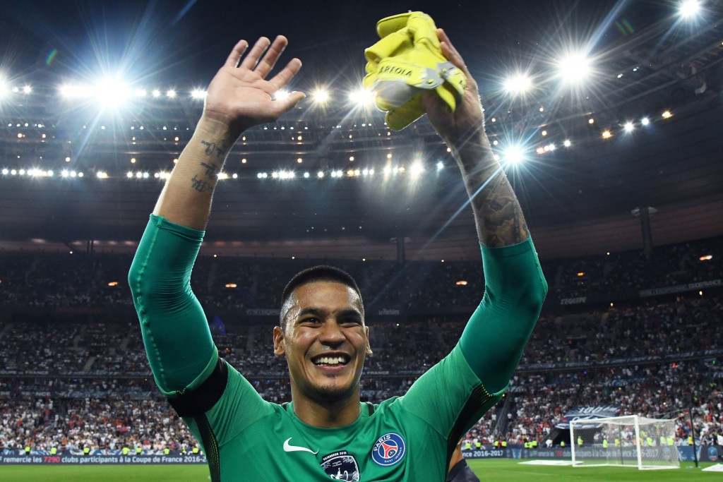 Paris Saint-Germain's French goalkeeper Alphonse Areola celebrates after winning the French Cup final football match between Paris Saint-Germain (PSG) and Angers (SCO) on May 27, 2017, at the Stade de France in Saint-Denis, north of Paris. / AFP PHOTO / Jean-Francois MONIER (Photo credit should read JEAN-FRANCOIS MONIER/AFP/Getty Images)