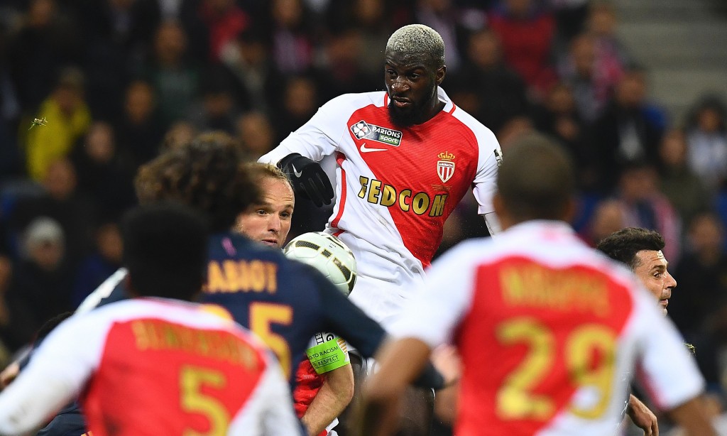 Monaco's French midfielder Tiemoue Bakayoko jumps for the ball during the French League Cup final football match between Paris Saint-Germain (PSG) and Monaco (ASM) on April 1, 2017, at the Parc Olympique Lyonnais stadium in Decines-Charpieu, near Lyon. / AFP PHOTO / FRANCK FIFE (Photo credit should read FRANCK FIFE/AFP/Getty Images)