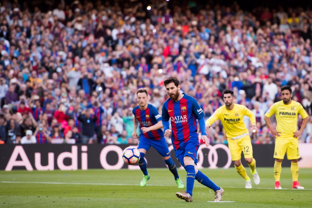 BARCELONA, SPAIN - MAY 06: Lionel Messi of FC Barcelona kicks a penalty to score his team's fourth goal during the La Liga match between FC Barcelona and Villarreal CF at Camp Nou stadium on May 6, 2017 in Barcelona, Spain. (Photo by Alex Caparros/Getty Images)