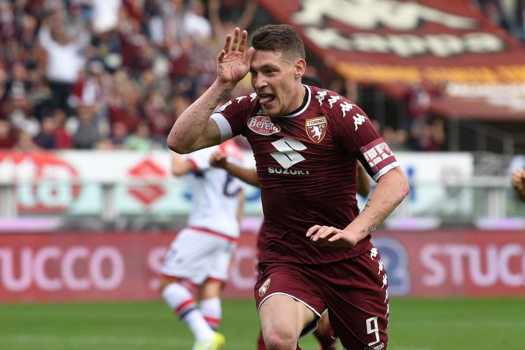 TURIN, ITALY - APRIL 15: Andrea Belotti of FC Torino celebrates after scoring the opening goal from the penalty spot during the Serie A match between FC Torino and FC Crotone at Stadio Olimpico di Torino on April 15, 2017 in Turin, Italy. (Photo by Valerio Pennicino/Getty Images)