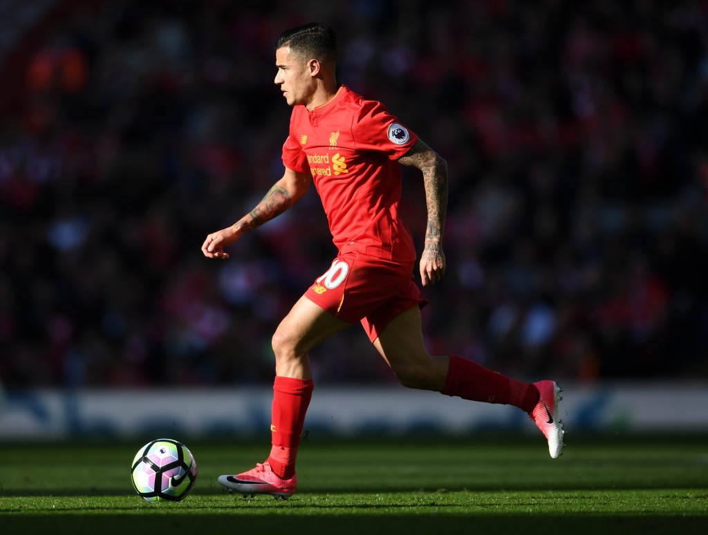 LIVERPOOL, ENGLAND - APRIL 23: Philippe Coutinho of Liverpool in action during the Premier League match between Liverpool and Crystal Palace at Anfield on April 23, 2017 in Liverpool, England. (Photo by Laurence Griffiths/Getty Images)