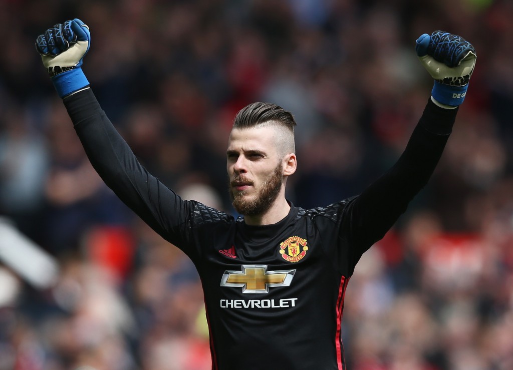 MANCHESTER, ENGLAND - APRIL 30: David De Gea of Manchester United celebrates his sides first goal during the Premier League match between Manchester United and Swansea City at Old Trafford on April 30, 2017 in Manchester, England. (Photo by Jan Kruger/Getty Images)