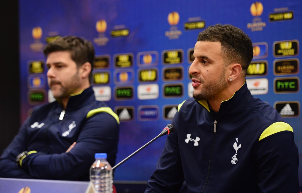 ISTANBUL, TURKEY - DECEMBER 10: Kyle Walker speaks as Mauricio Pochettino manager of Spurs looks on during a Tottenham Hotspur press conference, ahead of the UEFA Europa League Group C match, against Beskitas JK at Ataturk Olympic Stadium on December 10, 2014 in Istanbul, Turkey. (Photo by Jamie McDonald/Getty Images)